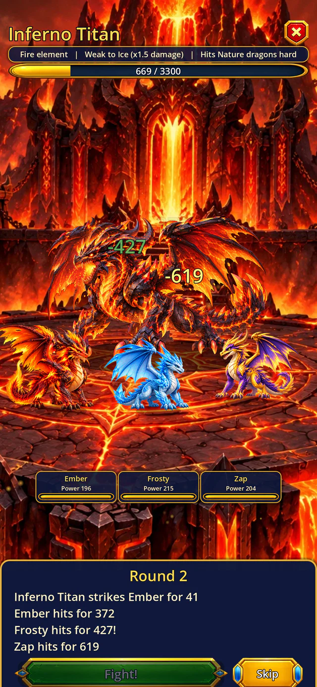 A boss battle in Dragon Realms: three dragons face the Inferno Titan on a lava arena.