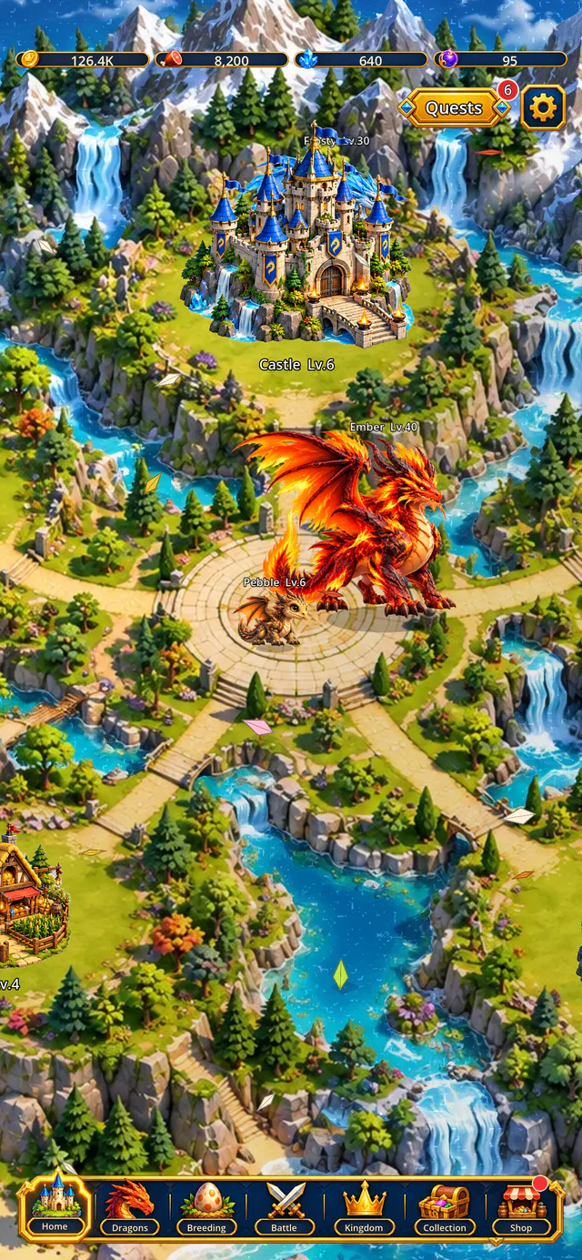 The home island with the castle, paths and dragons.