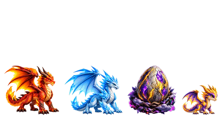 Two dragons, an egg and a newly hatched baby dragon.
