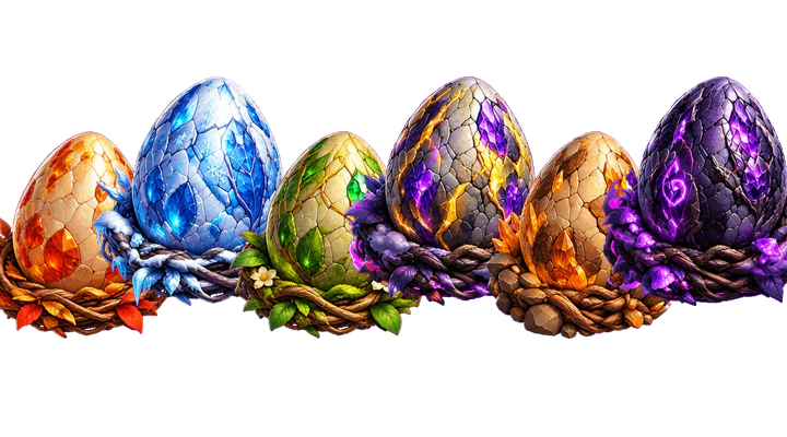 Dragon eggs in all six elements: fire, ice, nature, storm, earth and shadow.