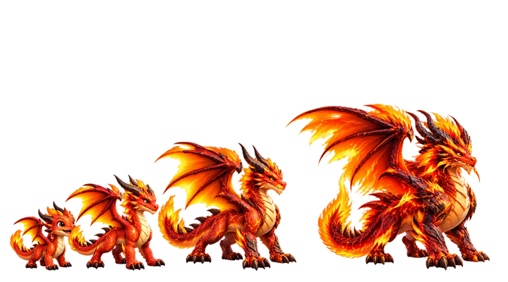 One dragon shown at all four growth stages, from hatchling to elder.
