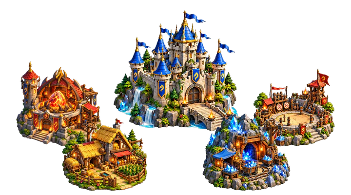 The castle, hatchery, farm, crystal mine and training grounds.